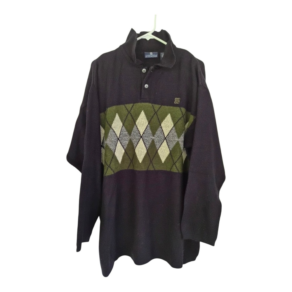 Vintage Givenchy Activewear Argyle Knit‎ Rugby Sweater Men's Large Black Green